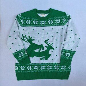 Tres Chic Green White Reindeer Knit Ugly Christmas Sweater Sz XXL Holidays Xmas